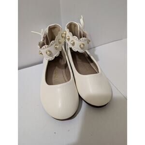 PANDANINJA White Flower Girl Dress Shoes Ballet Flat Ankle Cuff Pearls 6 Toddler